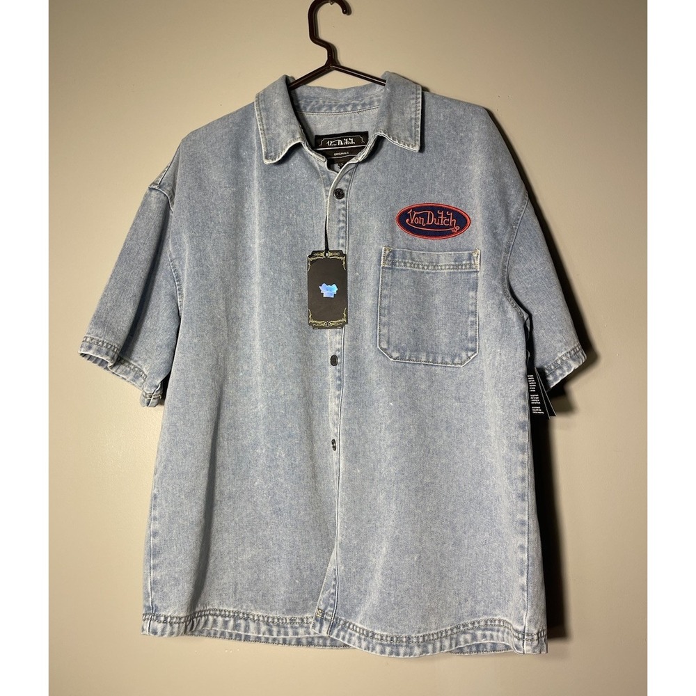 Von Dutch Mens Denim Shirt Short Sleeve Button Up Logo Patch Shirt Y2K Blue L